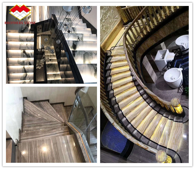 Natural Stone Staircase Design with Emerald Green Light Green Onyx Backlit Interior Stone