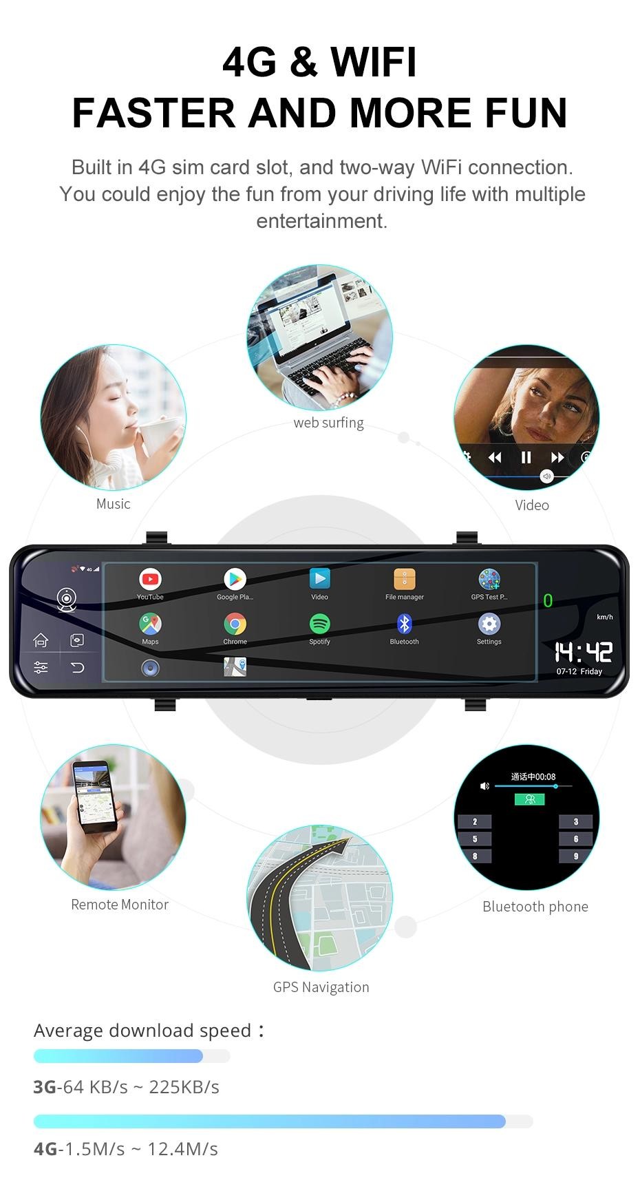 ADAS 12Inch Car DVR Wdr Full Hd 1080p Camera Camcorder WIFI Android 8.1 Stream Drive Video