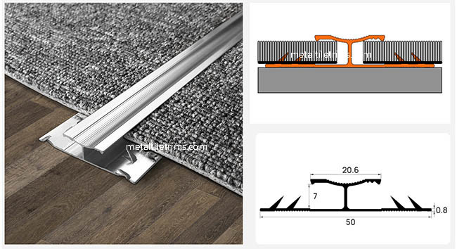 Self Adhesive Metal Carpet Transition Strip Shiny Silver With Grippers
