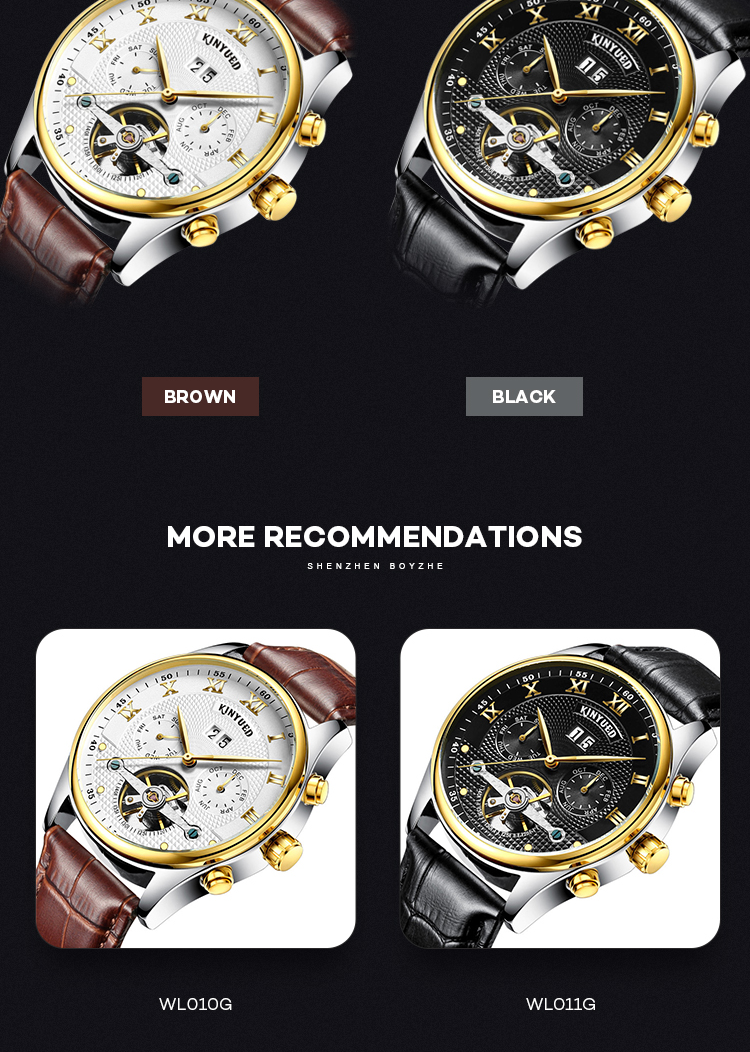 KINYUED Business Power Reserve Automatic Movement Luxury Watches For Men Automatic Skeleton Watch
