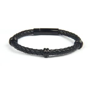 China Stainless Steel Men's Charm Bracelet Black Plating Braided Leather Wrap wholesale