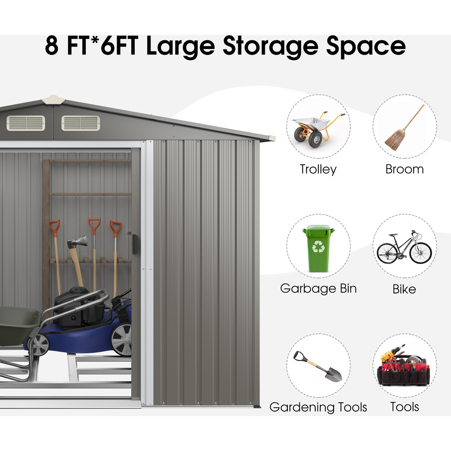 8x6ft Garden House Tools Storage Shed with Air Vent 69kg Powder Coated Frame by AJUNION