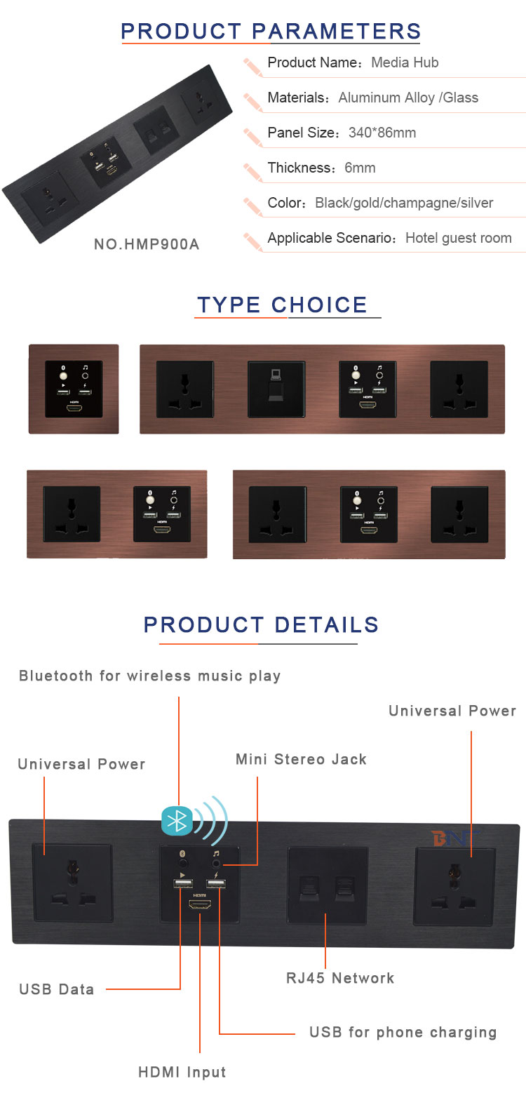 universal power electrical wall mounted power socket media hub for hotel room