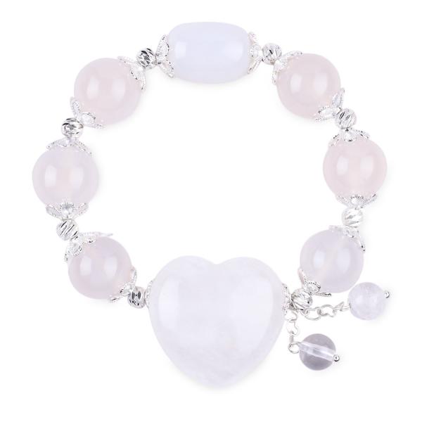 Semi-Precious Gemstone Healing Energy White Agate With Clear Big Heart Bracelet