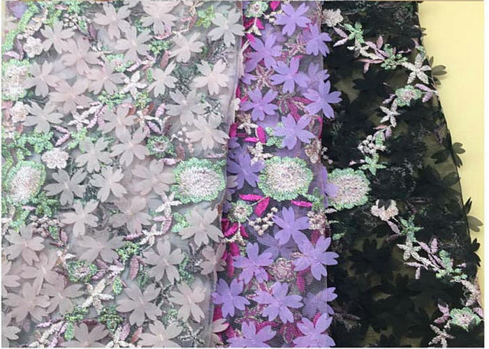 3D Flower Embroidered Stretch Mesh Fabric , Coloured Tulle Lace Fabric