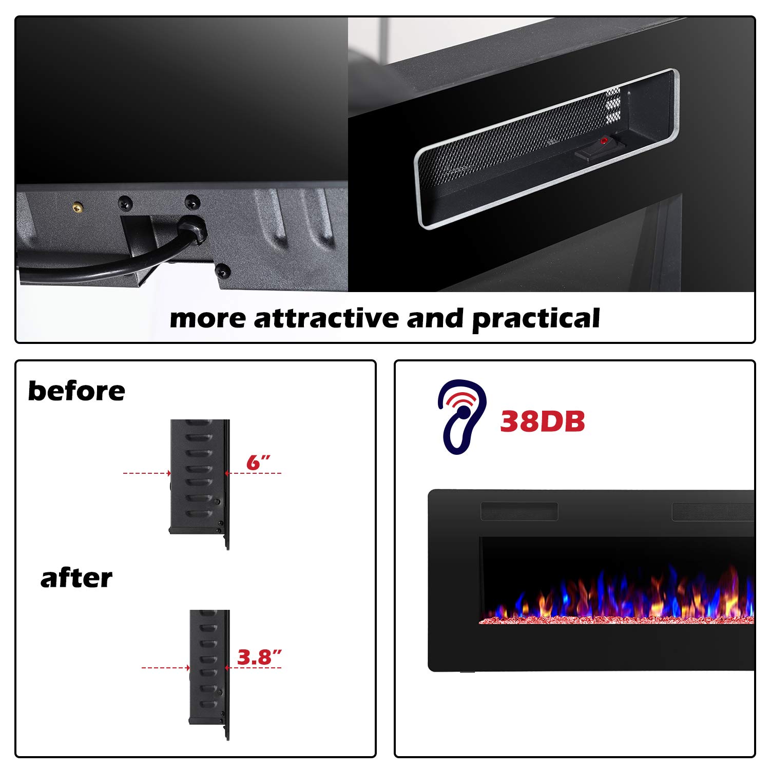 12 Bed Color Mode AJUNION 60 Inch Wall Mounted Silk Screen Printing Electric Fireplace