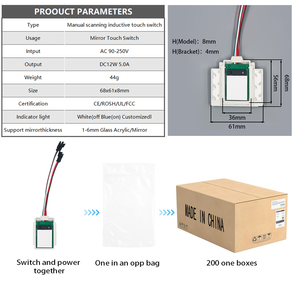 DC12V Smart Hand Led Light One/Three Colors Mirror Manual Scanning Dimming Control Non-Touch Sensor Switch