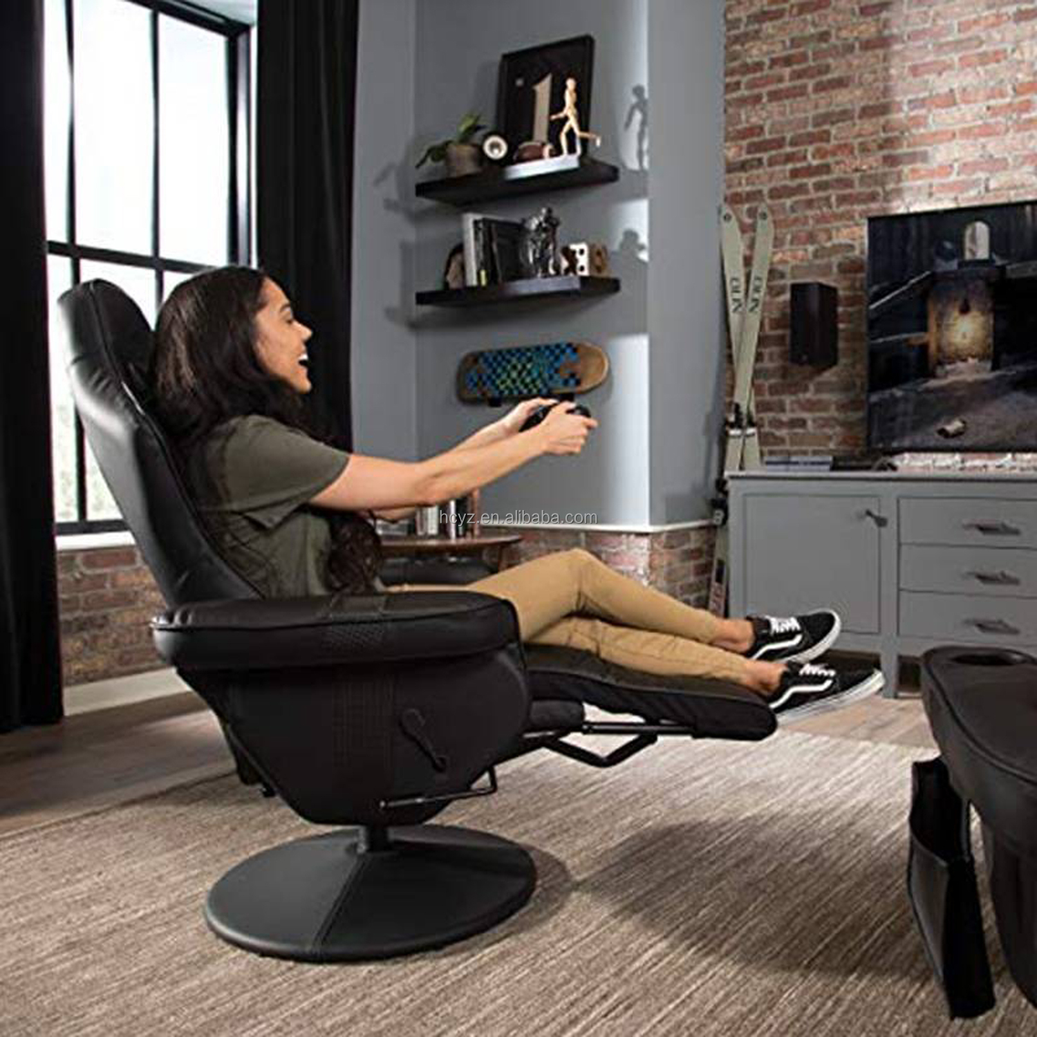 Black Racing Style Luxury Gaming Chair with Cup Holder and Footrest