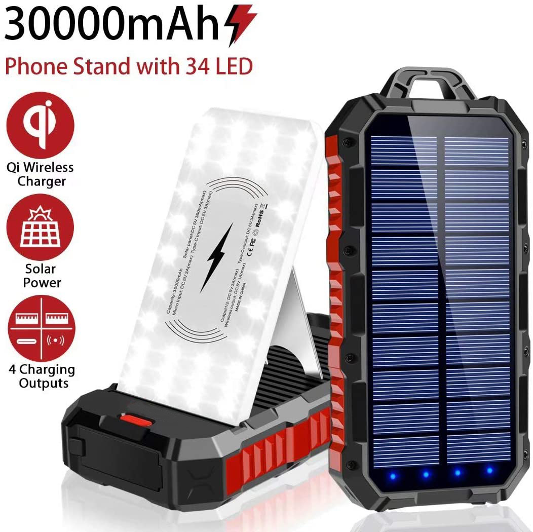 ABS PC Outdoor Wireless 30000mAh Solar Power Bank With Solar Panel