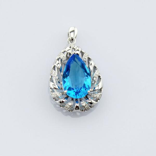 White Gold Plated 925 Silver Teardrop Blue Topaz Cubic Zirconia Pendant Necklace(P46)
