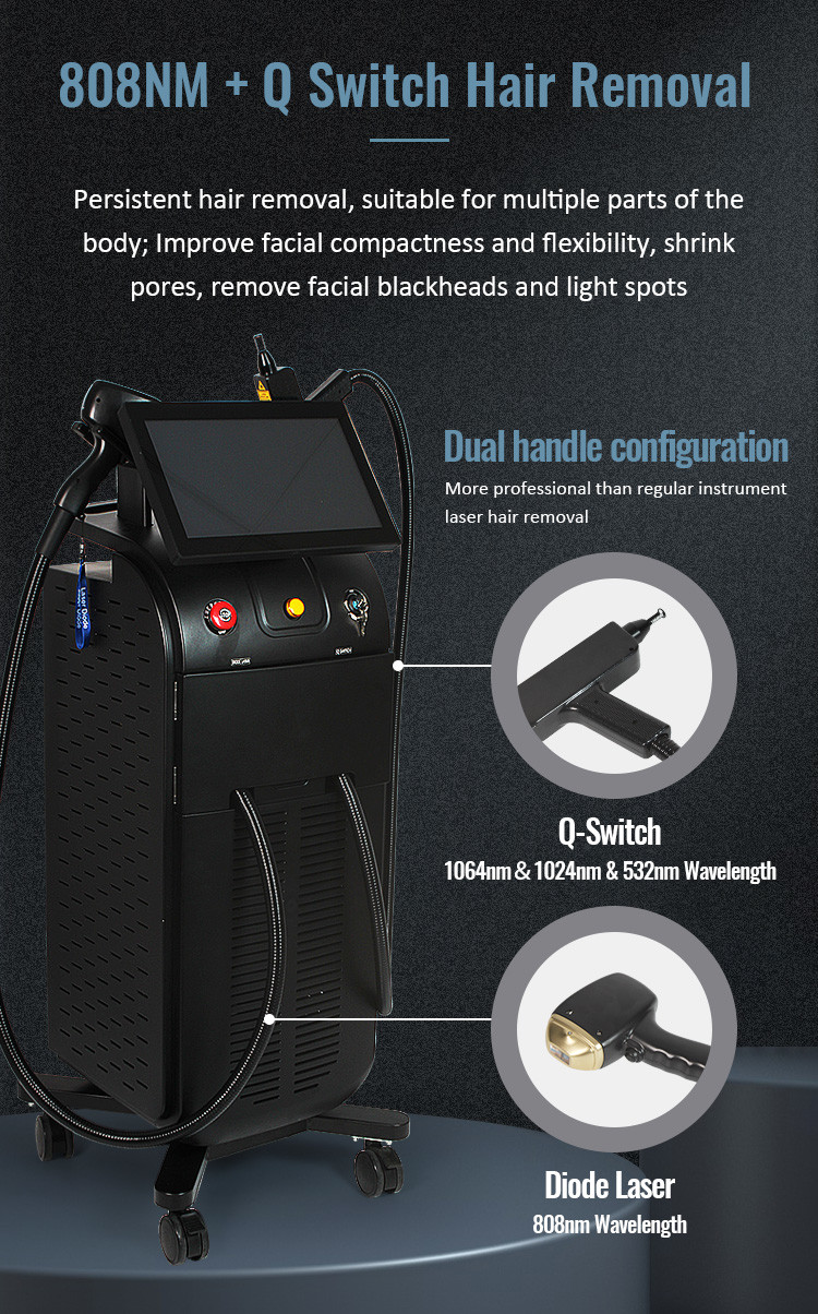Q Switch 2 Handles Soprano Diode Laser 808nm Nd Yag For Hair Removal