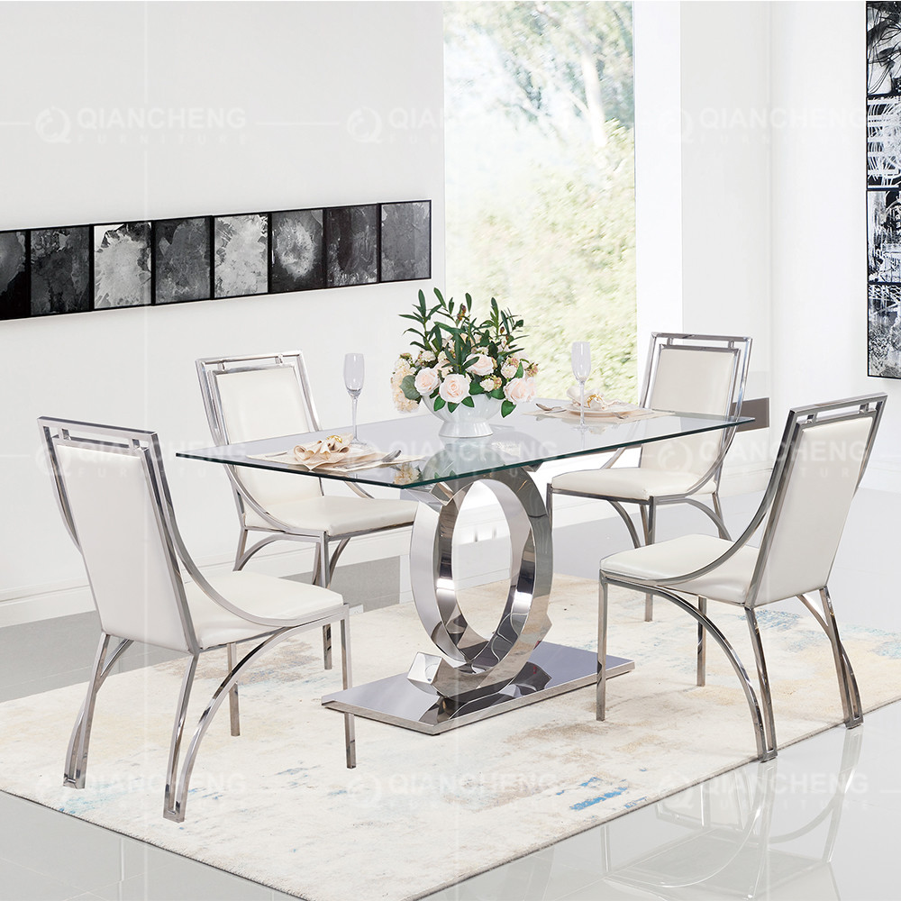 Rectangular Mirror Silver SS Dining Tables Double C Leg Glass Top