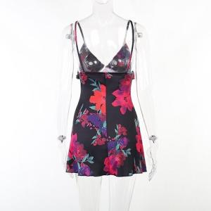 China OEM maufactory European and American polyrster sleeveless short skirt sexy V -neck rose printed ruffled camisole dress wholesale