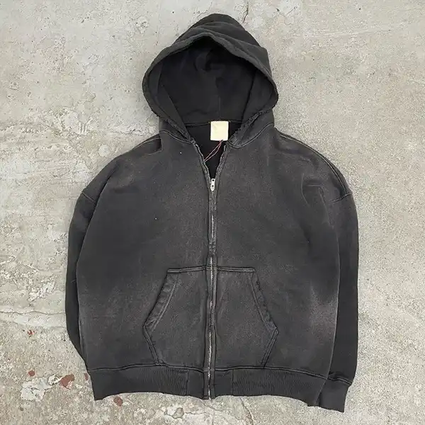 Solid Acid Wash Sun Faded Distressed Custom Full Zip Up Hoodies Coat with Fur Collar