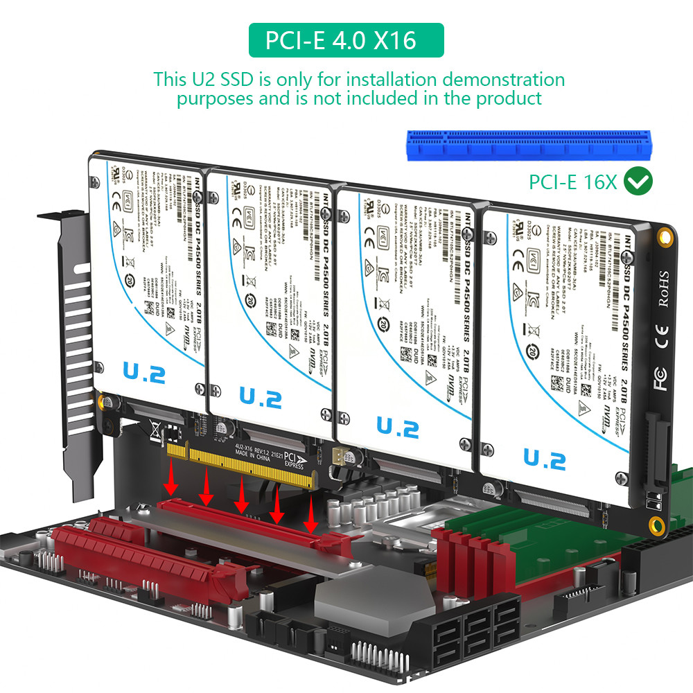 U.2 to PCI-e Riser Adapter PCIe4.0 X16 to 2.5" U.2 (SFF-8639) SSD Expansion Card