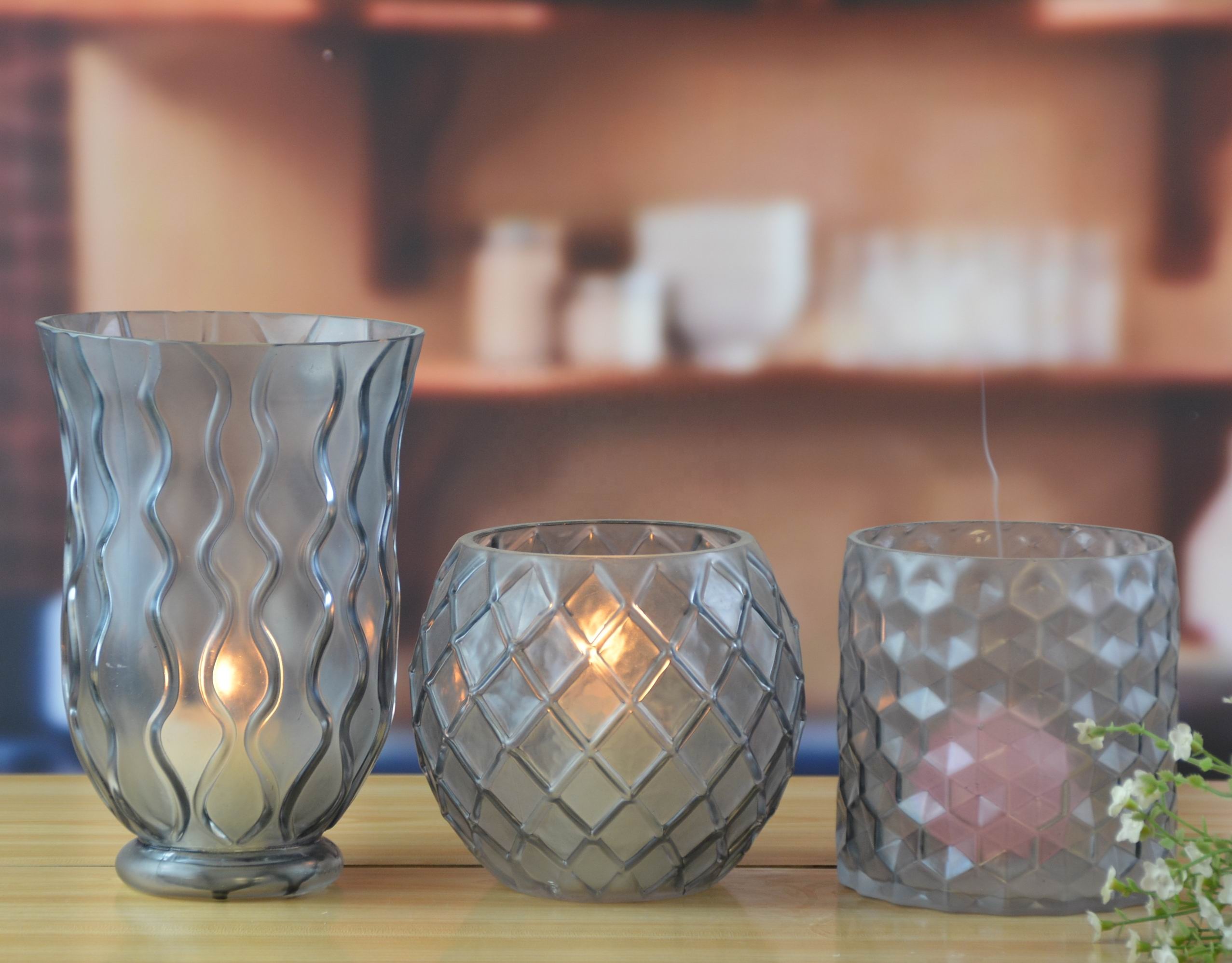 8" Grey Embossed Fence Pattern Glass Candle Holders