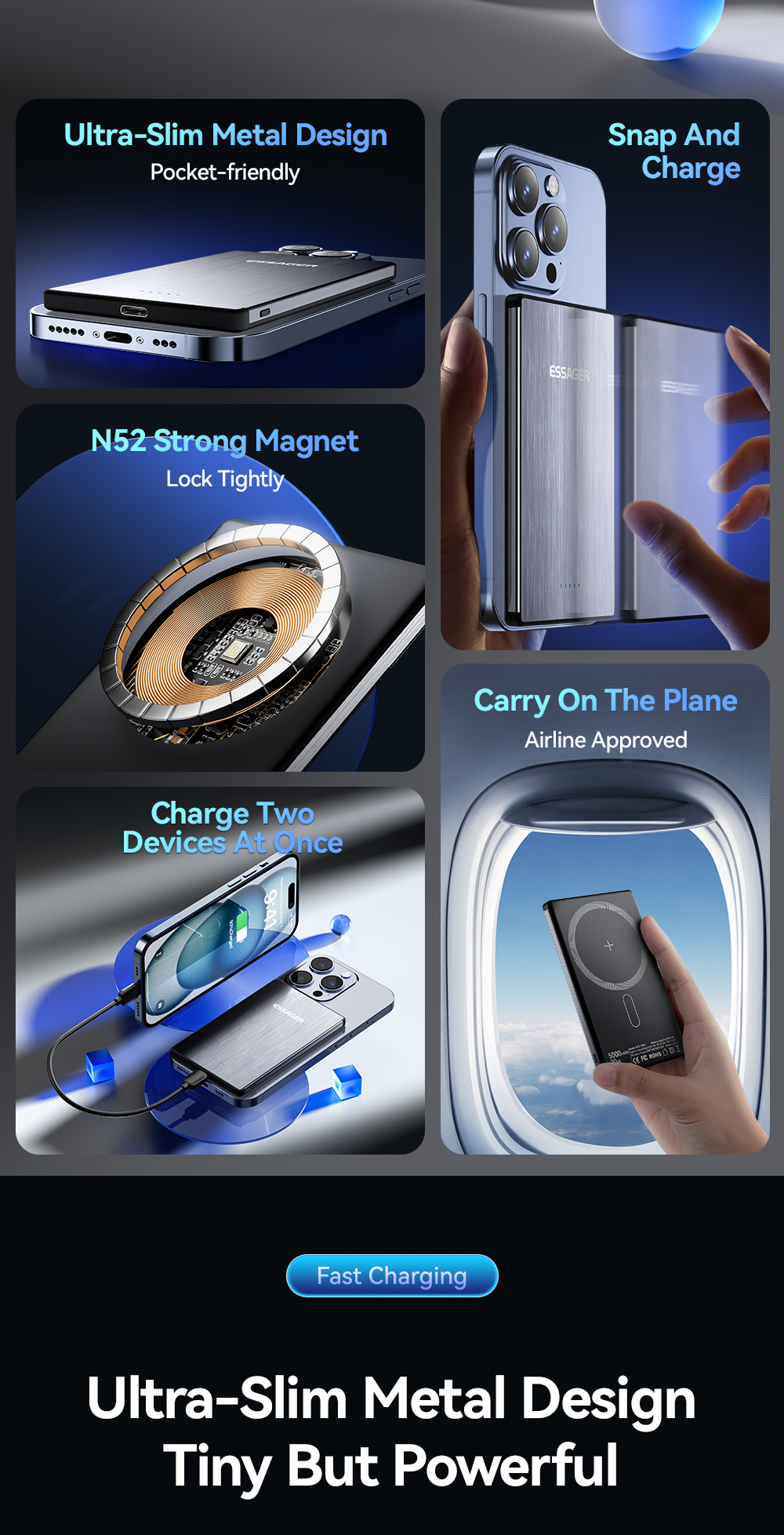 ABS PC Aluminum Alloy Fast Charging Power Bank Ultra Thin Wireless 5000mah