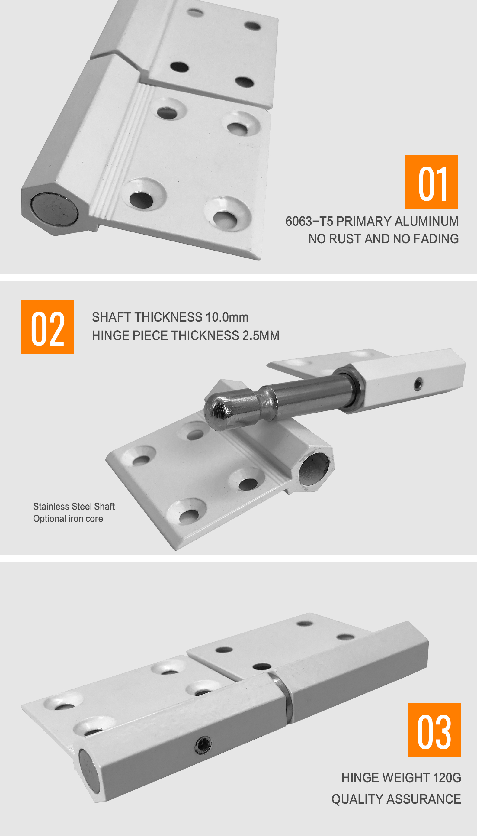 Steel Mandrel Heavy Duty Aluminum Hinge 6063-T5 White Color for Room Door