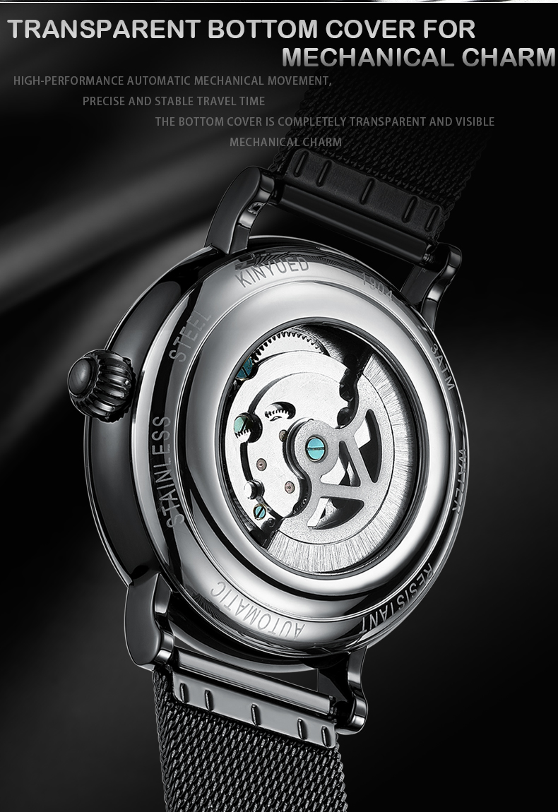 KINYUED Brand Full Hollow Surface Skeleton Couples Stainless Steel Strap Watches Waterproof Automatic Mechanical relojes