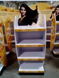 China Wood flooring movable hair care shampoo display stand wholesale
