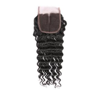 China Peruvian Virgin Hair 4*4 Deep Wave Lace Closure Hand Tied 130% Density wholesale