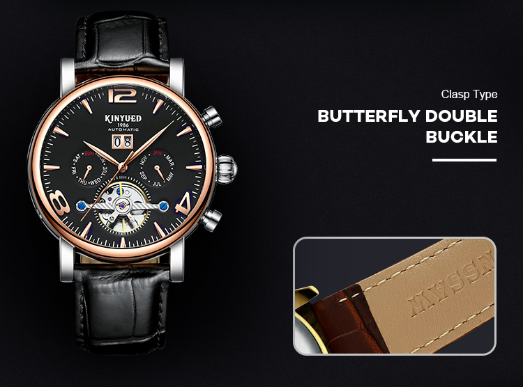 J030-4 KINYUED Mens Automatic Mechanical Watch Tourbillon Leather Waterproof Mechanical Watches