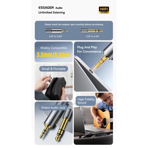 Essager ES-OTG28 3.5mm To 6.5mm Stereo Audio Jack Adapter For Speaker Guitar Amplifer