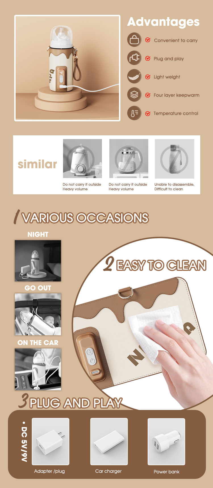 5 Temperature Setting Portable Bottle Warmer For Baby Breastmilk Water Milk Heating
