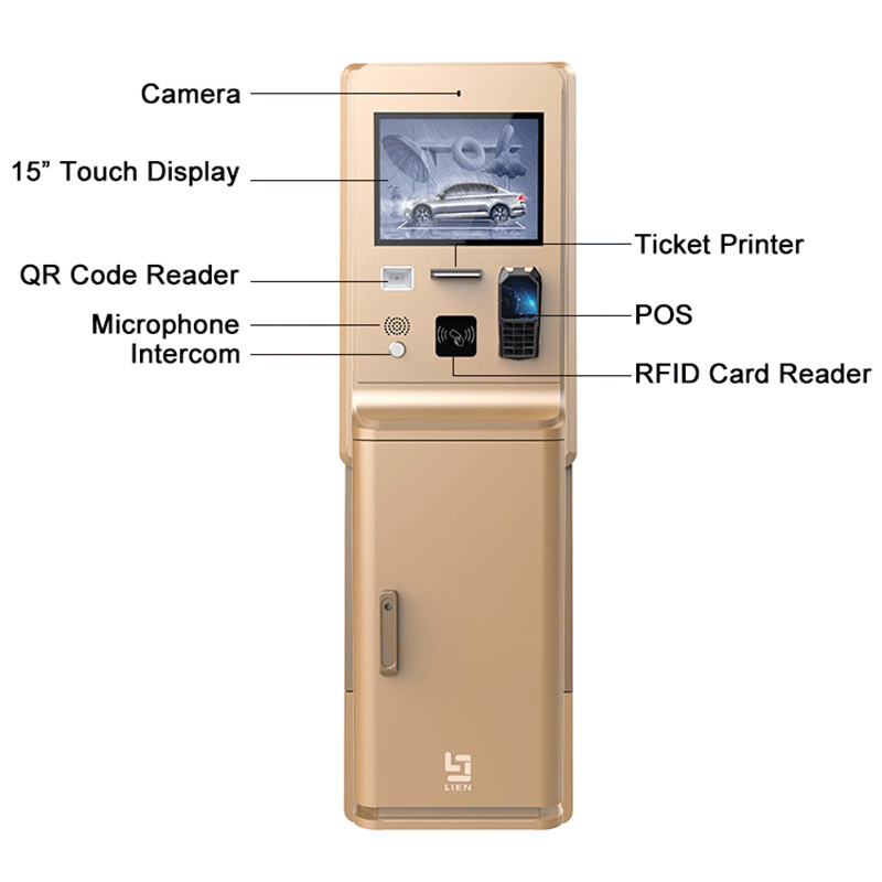 Outdoor Parking Lot Payment Kiosk With 21.5 Inch HD Touch Screen Camera Bank Card Reader Intercom QR Code Scanner Printer