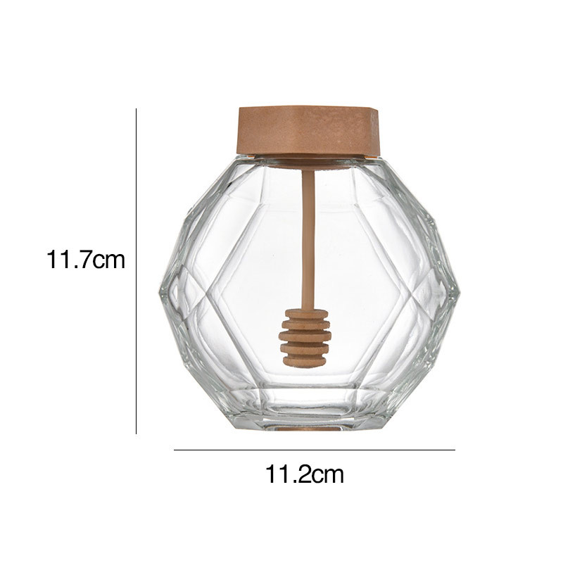 Luxury Hexagon Empty Glass Honey Jars 380ml With Dipper