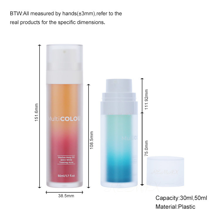 30/50ml Plastic Blue/Orange Frosted Cylindrical Bottle With White Lid For Empty Airless Pump Bottles