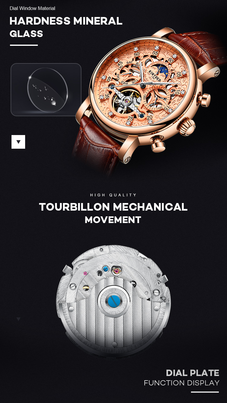 Brand KINYUED watch diamond decoration dial skeleton mens leather automatic mechanical watch