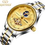 Brand KINYUED automatic skeleton watch gold dial moon phase tourbillon mens