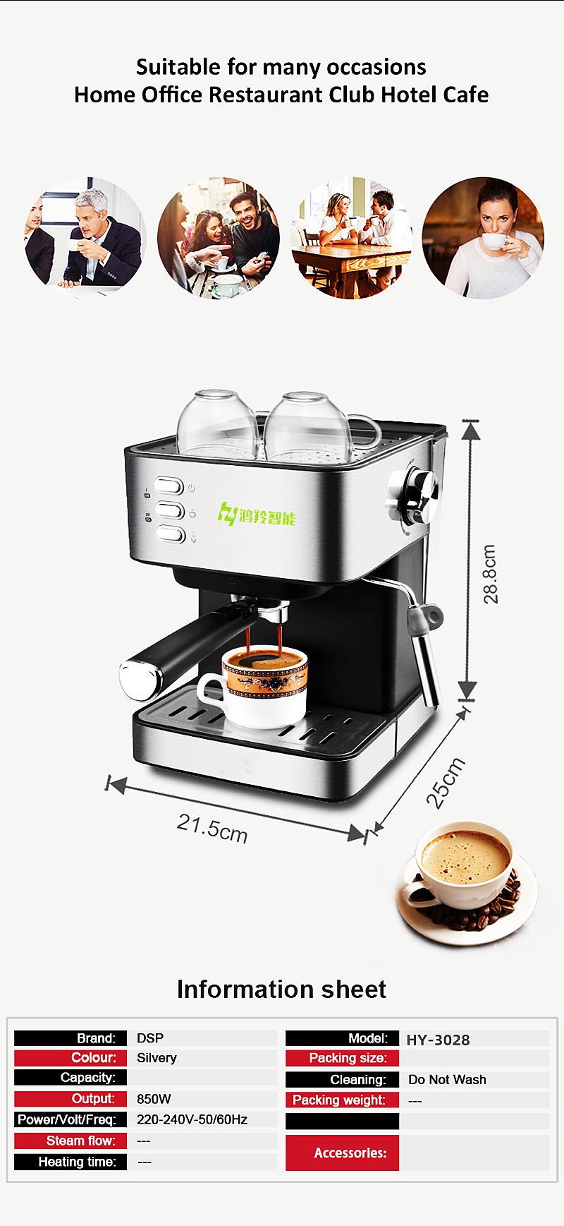 Portable Electric Espresso Coffee Machine Made of Stainless Steel for Home and Office