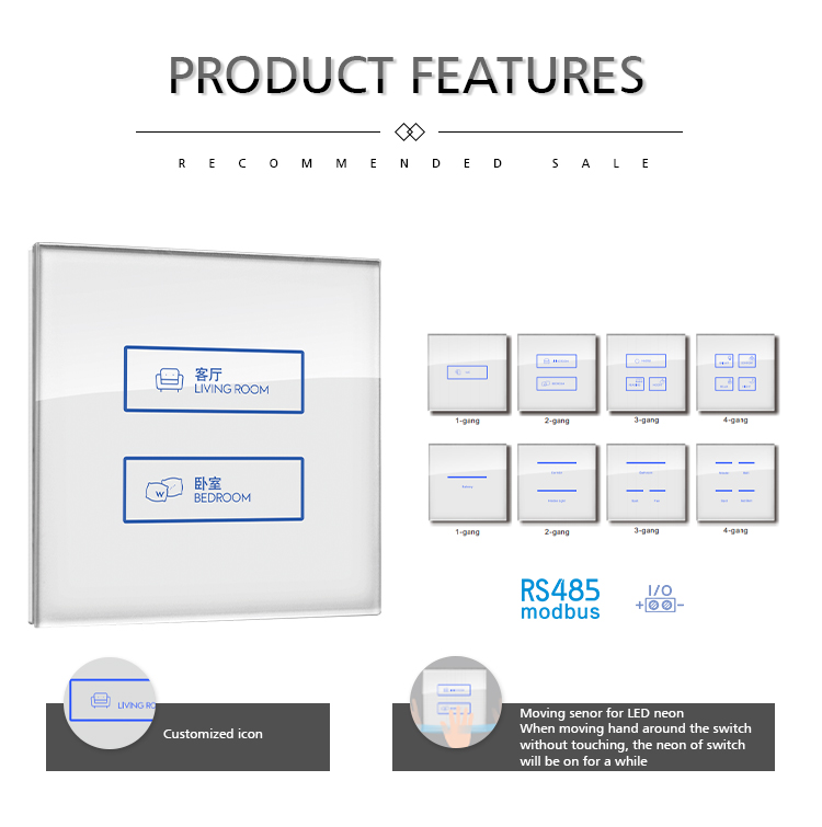 Touch Screen Blue Light Wall Switch RS485 Glass Cover Controlling Light
