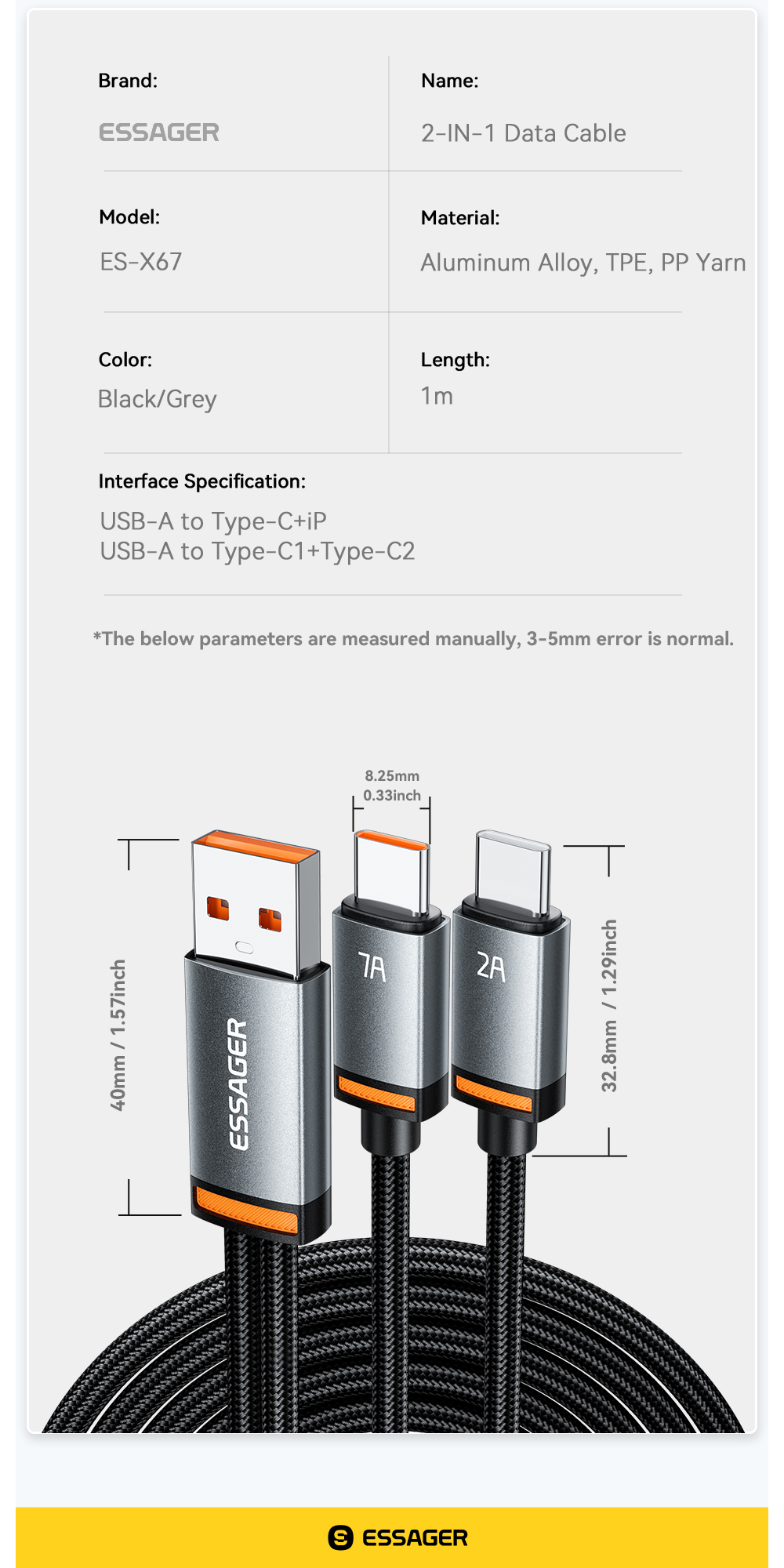 ESSAGER ES-X67 2 in 1 100W USB Type C to USB Type C Lighting Data Cable