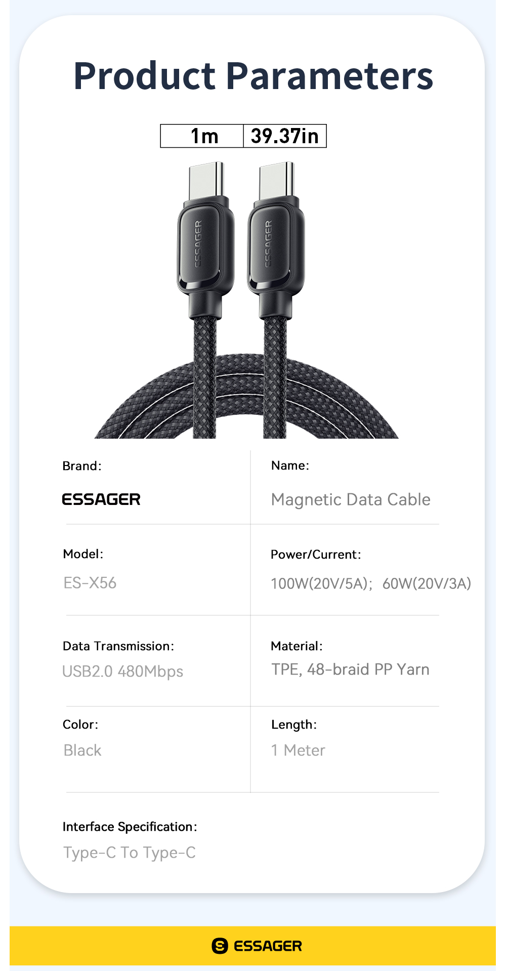Fast Charge Magnetic Absorption Cable USB C to USB C Cord 60W 100W ES-X56 Series