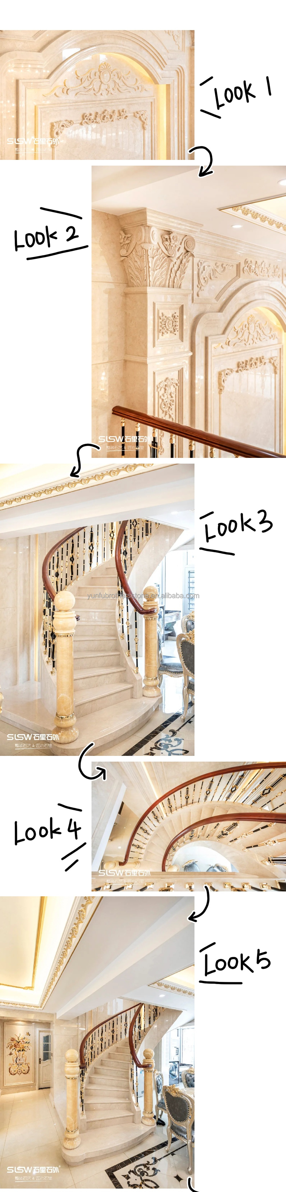 Customized Modern-Style Grey White Grains Marble Steps Carved Arc Staircase for Indoor