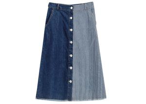China CF Buttons Ladies Dress Skirt Contrast Stripe Denim 100% Cotton Mid Length wholesale