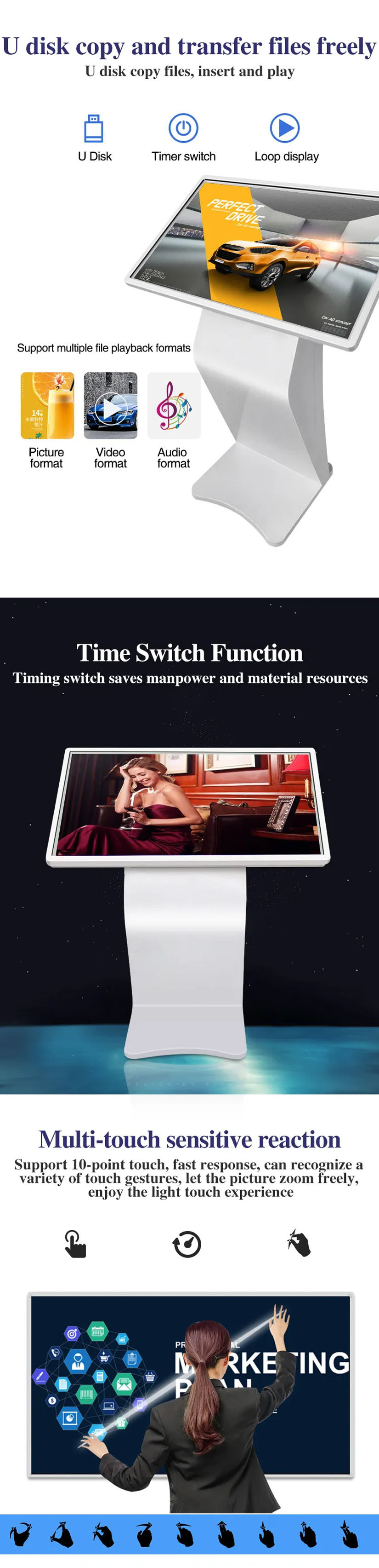 Android Horizontal Self Service LCD Advertising Display Kiosk 32 43 49 55 65 Inch
