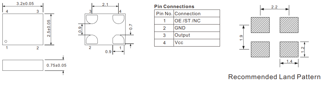 MEMS Oscillator SMD 2.5x2mm HCMOS 3-110MHz 20PF 20ppm 1.6-3.3V -SJK- Dimension 5x3.2mm
