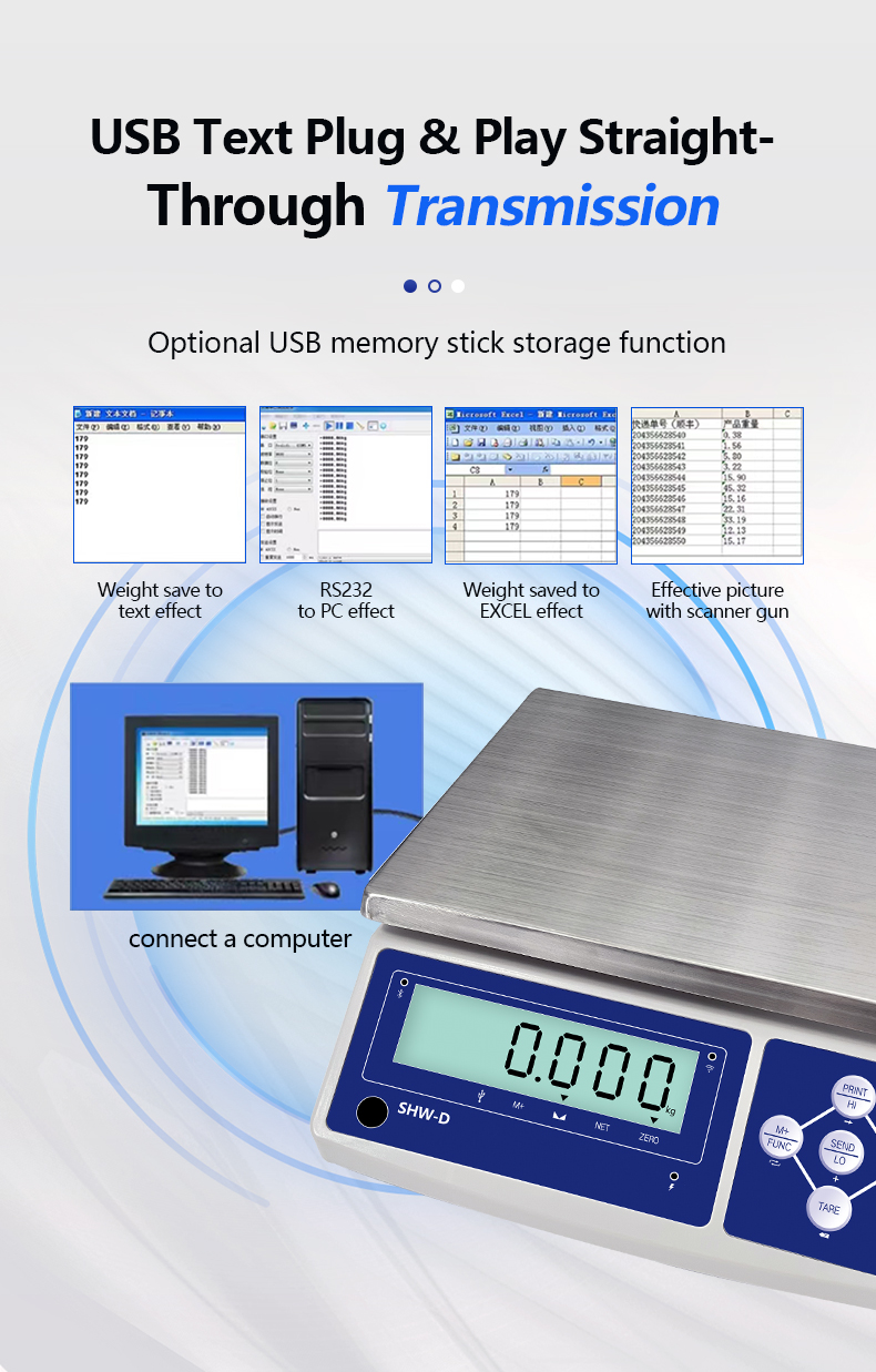 SHWDL-30KG USB Storage Communication Scale with LCD Display and AC/DC Power Supply