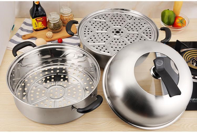 Amazon Hot Selling Silver 2 Layer Cooking Steamer Stainless Steel Steamer Pot With Steel Lid