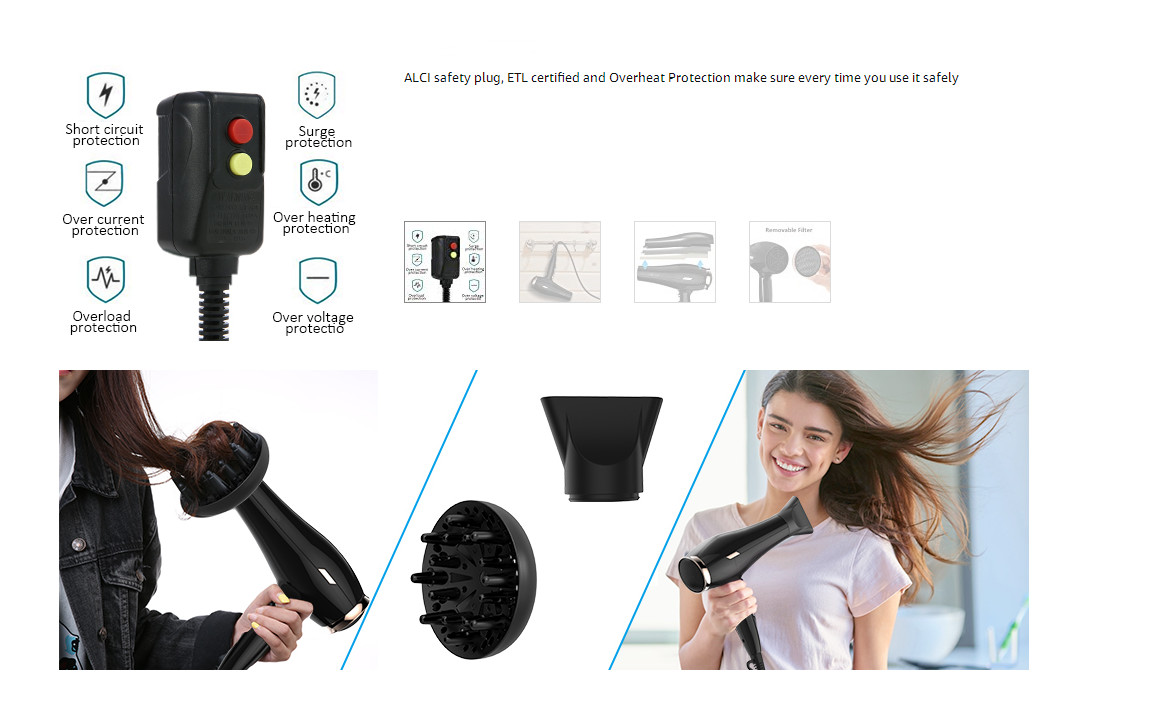 Home Use 1800W Ionic Hair Dryer With DC Motor Plastic Material