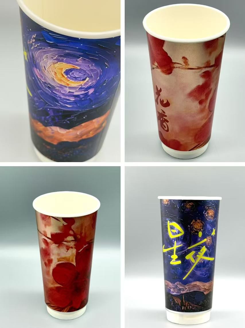 Disposable Double Wall Paper Coffee Cups Bubble Tea Hot Drink Paper Cups With Lids