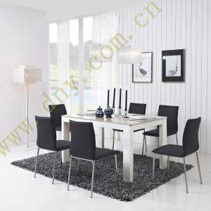 China dining table and dining chairs decorated with tempered glass or black microfiber leather wholesale