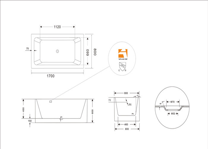 Seamless PMMA Acrylic Free Standing Bathtub Portable High Water Capacity