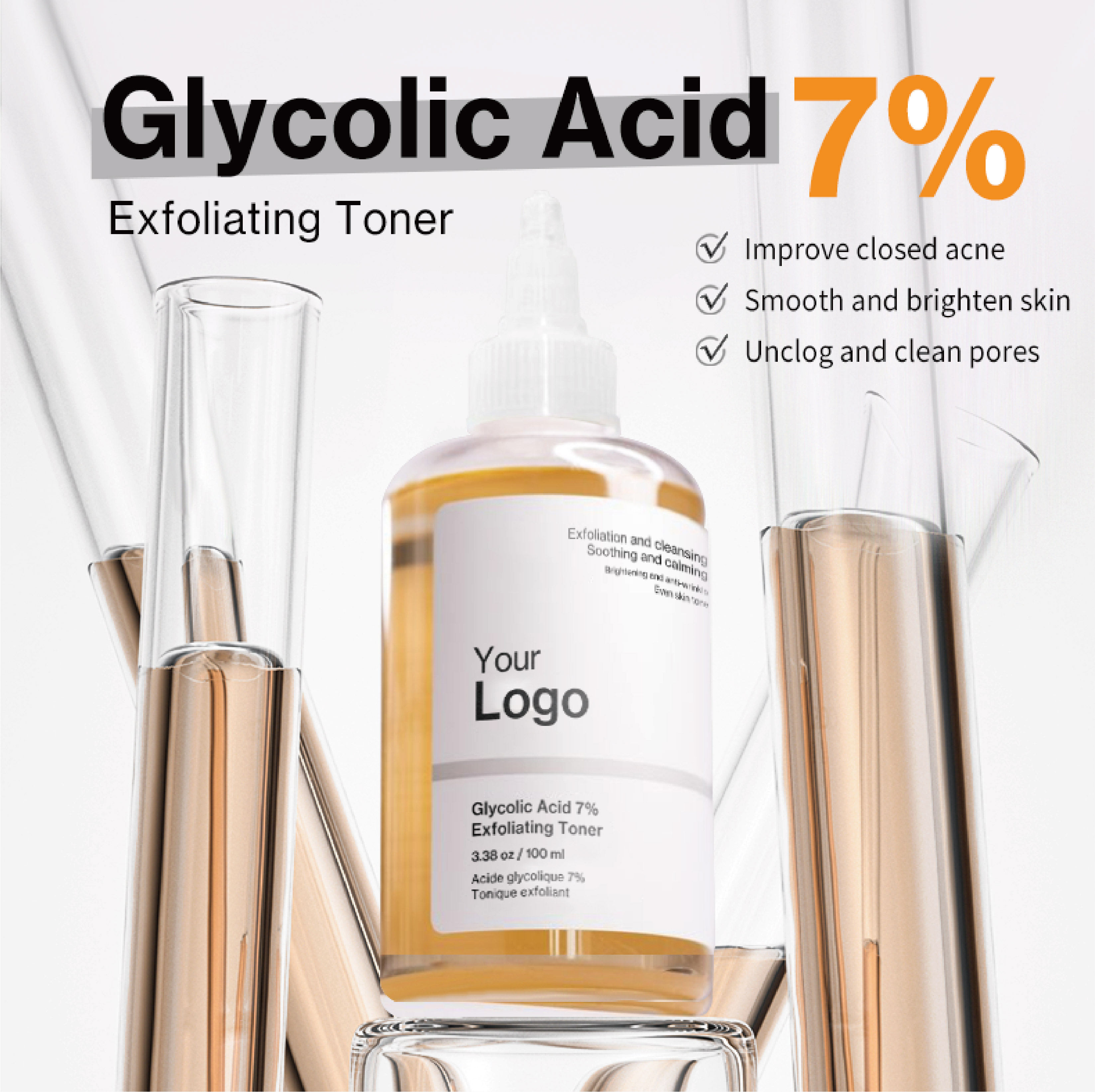 Hot Selling 7% Glycolic Acid Exfoliating Toner Acne Removal Face Skin Care Toner Private Label Glycolic Exfoliating Toner