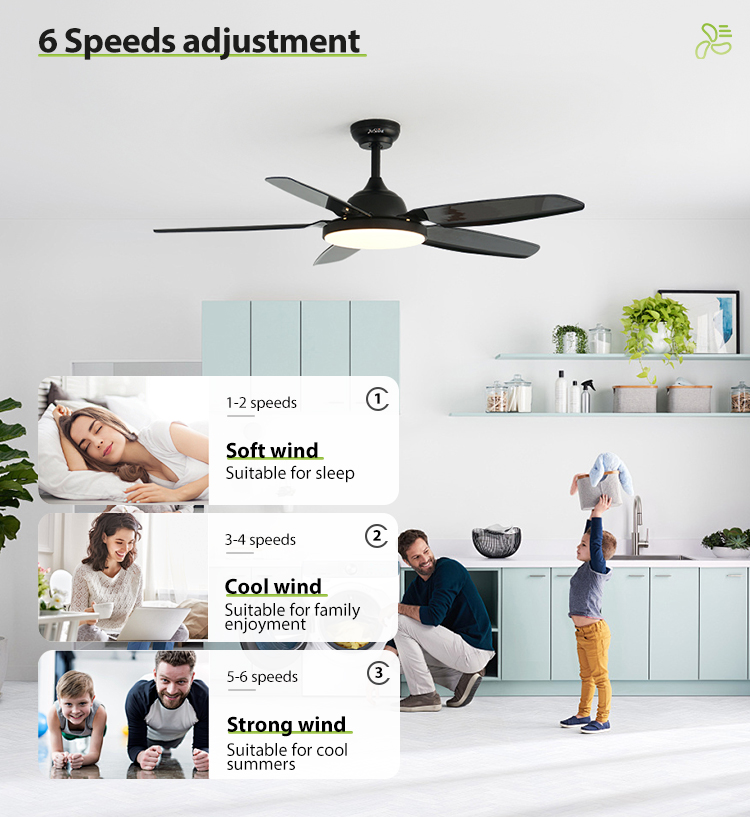 52inch Black ABS Blades 6 Speeds Remote Control LED Ceiling Fan Light with Copper Motor
