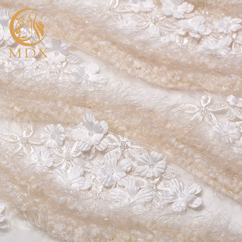 MDX Beaded White Lace Fabrics 140cm Width Luxurious With 3D Flowers